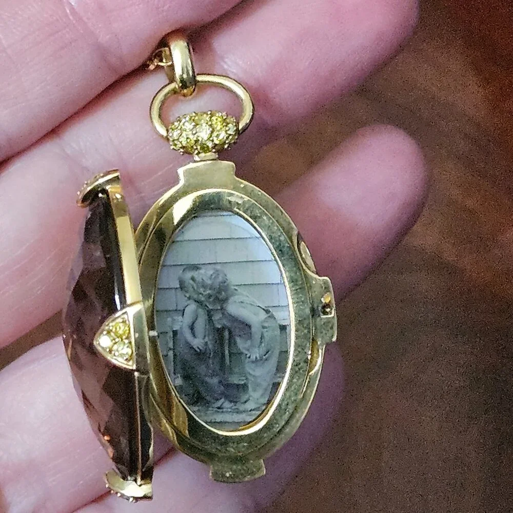 RARE MONICA RICH KOSANN QUARTZ YELLOW DIAMOND 18K CHARM LOCKET PENDANT NECKLACE